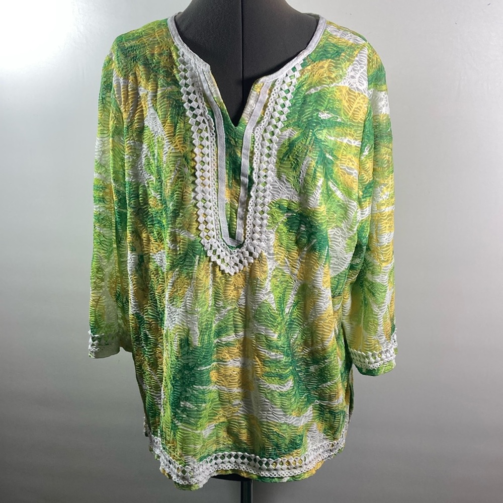 Alford Dunner Top Women Size Large Green & Yellow Long Sleeve V Neck